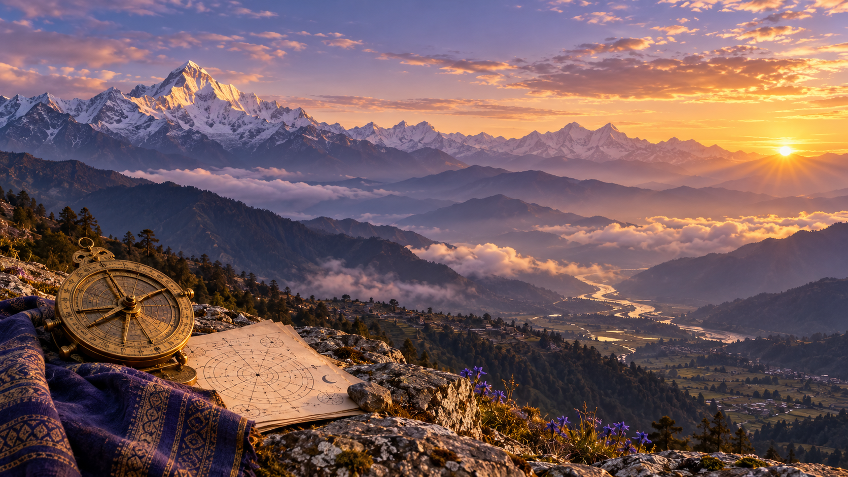 Illustrated Himalayan sunrise with a traditional astronomical instrument and chart